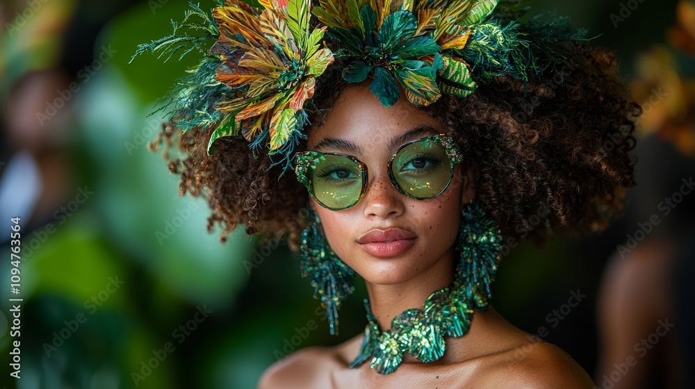 Vibrant woman with floral crown and sunglasses in lush greenery Vibrant woman with floral crown and sunglasses in lush greenery
