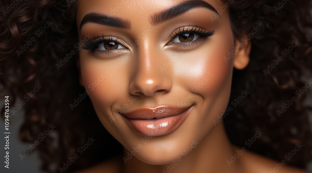 Smiling woman with curly hair and glowing skin Smiling woman with curly hair and glowing skin