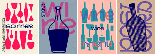 A retro-inspired set of minimalist wine posters with bold graphic elements, vibrant colors, and creative typography, ideal for menus, banners, and tasting events.
