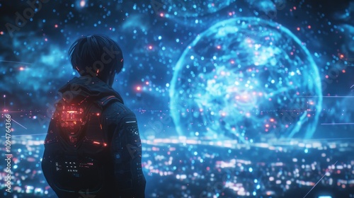 A figure gazes at a futuristic cityscape under a glowing blue sphere, evoking a sci-fi atmosphere.