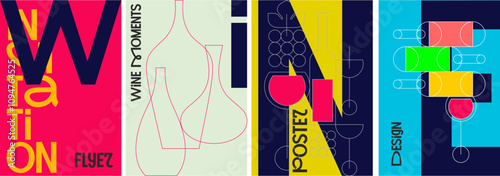 A dynamic set of modern wine posters combining bold typography, geometric patterns, and vibrant colors, perfect for creative branding and wine events.