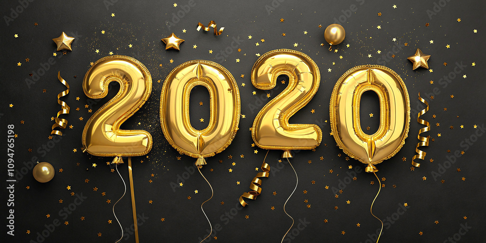 A stylish design featuring metallic gold balloons shaped as numbers against a sleek black background. A stylish design featuring metallic gold balloons shaped as numbers against a sleek black background.