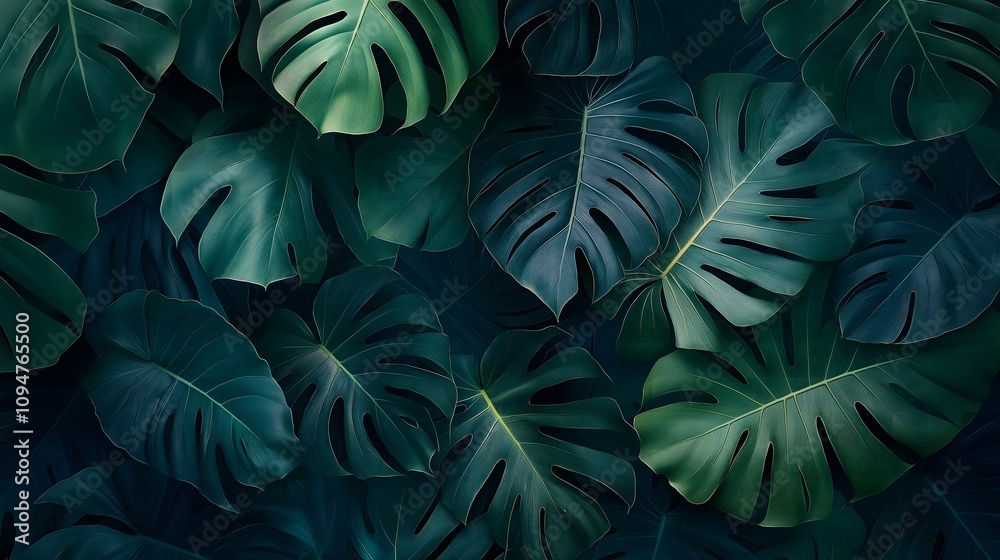 custom made wallpaper toronto digitalLush, dark green tropical monstera leaves background.