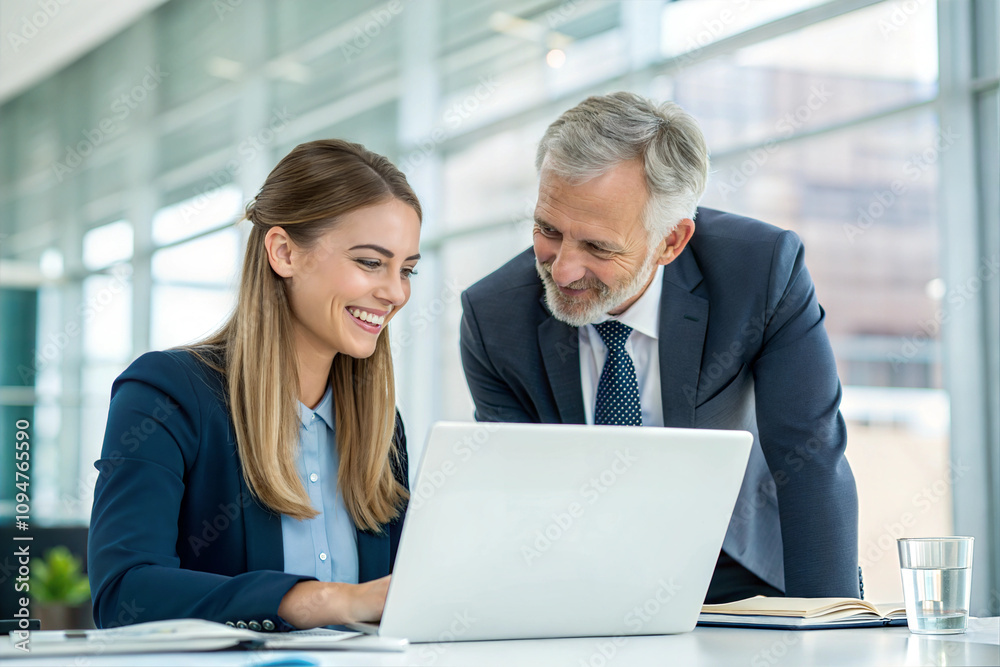 Team of two executives working together using laptop in office. Team of two executives working together using laptop in office.