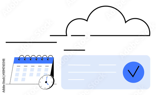 Calendar and clock signify time management, blue checkmark confirms, cloud indicates online sync. Ideal for productivity apps, task management, time tracking tools, cloud services, scheduling photo