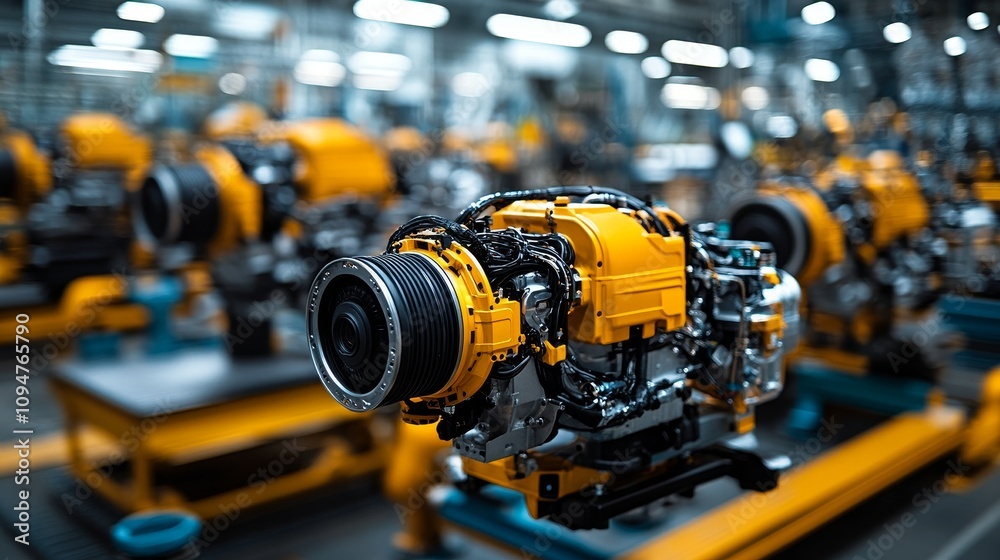 Close-up of a Yellow Automotive Engine in an Assembly Line Close-up of a Yellow Automotive Engine in an Assembly Line