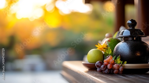 Celebrating Kannamesai festival with offerings of seasonal fruits and vegetables at a shrine in Japan photo