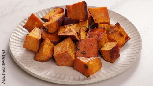 piece of roasted sweet potatoes with herbs on plate rotation food photo