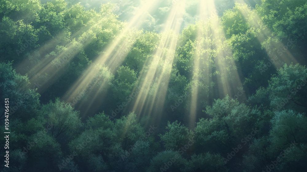 Obraz premium Sunbeams Piercing Through Lush Forest Canopy
