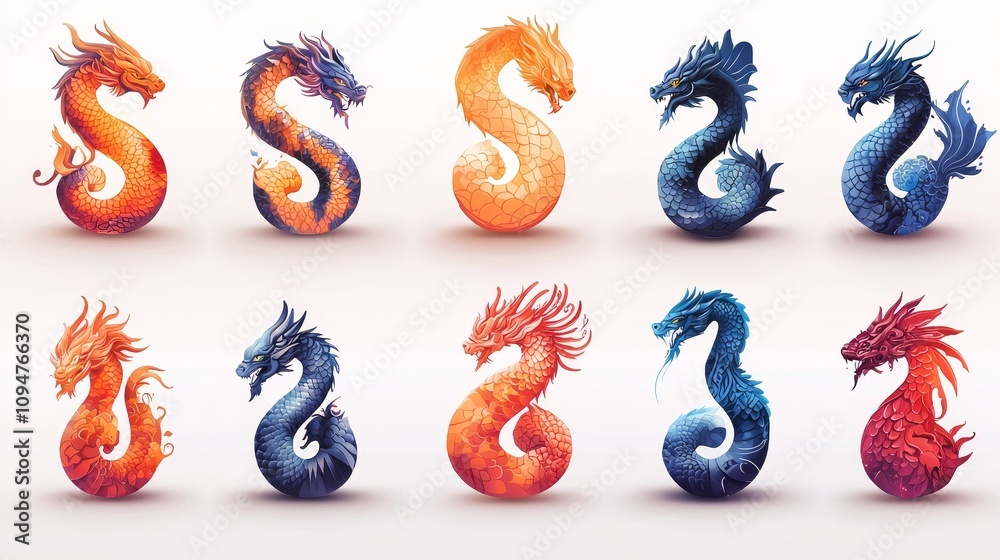 Obraz premium Vibrant dragon illustrations featuring diverse styles and colors in a unique arrangement