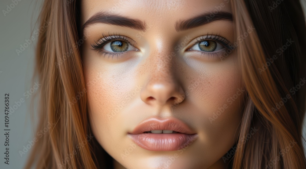Close-up of a young woman with freckles. Close-up of a young woman with freckles.