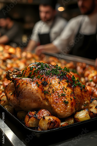 A blurred kitchen brigade is in the background with a cooked turkey in the foreground photo