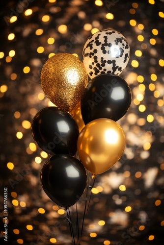 Festive Celebration A Bouquet of Gold and Black Balloons Against a Sparkling Background
