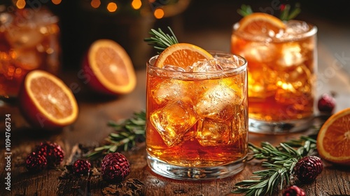 Refreshing cocktails with orange slices and ice for a festive celebration