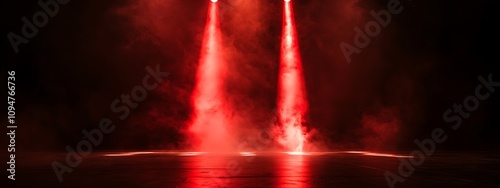  Free stage with lights and smoke, Empty stage with red spotlights, conser, show, party, Presentation concept. Red spotlight strike on black background  photo