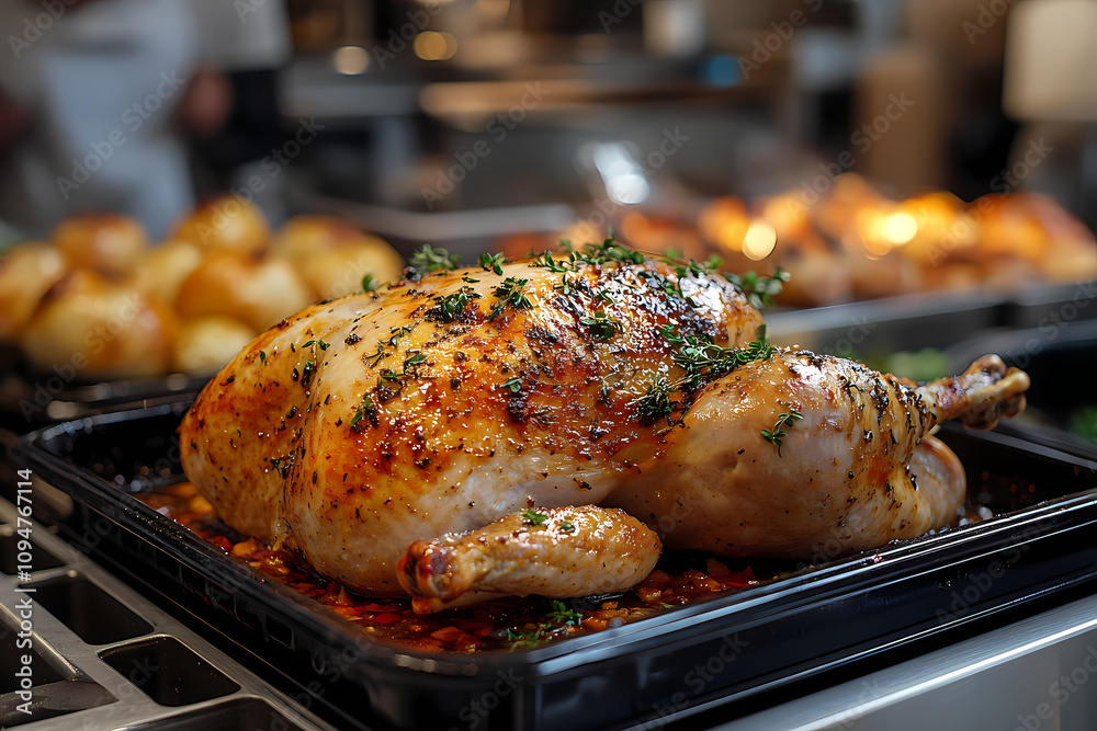A blurred kitchen brigade is in the background with a cooked turkey in the foreground A blurred kitchen brigade is in the background with a cooked turkey in the foreground
