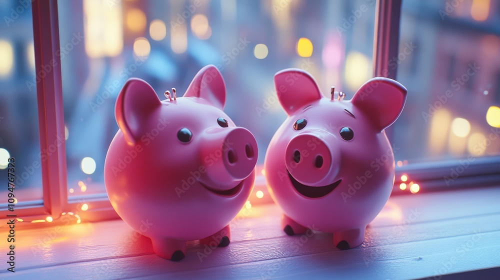 Two Pink Piggy Banks Sitting by a Window at Night Two Pink Piggy Banks Sitting by a Window at Night