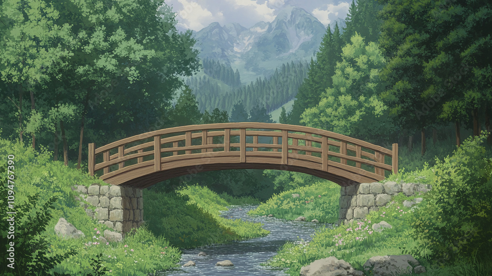 Serene Mountain Valley Landscape with Wooden Bridge Serene Mountain Valley Landscape with Wooden Bridge