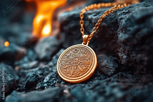 Discover the celestial magic of this exquisite gold charm necklace, engraved with intricate cosmic patterns symbolizing serenity, good luck, and spiritual harmony This handcrafted pendant is a photo