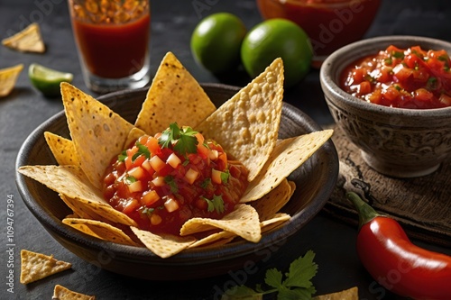A plate of tortilla chips served with fresh salsa sauce