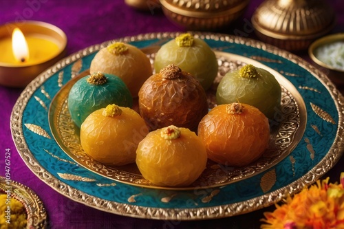 A vibrant plate of traditional Indian sweets, such as ladoos, displayed at a Diwali festivity. photo