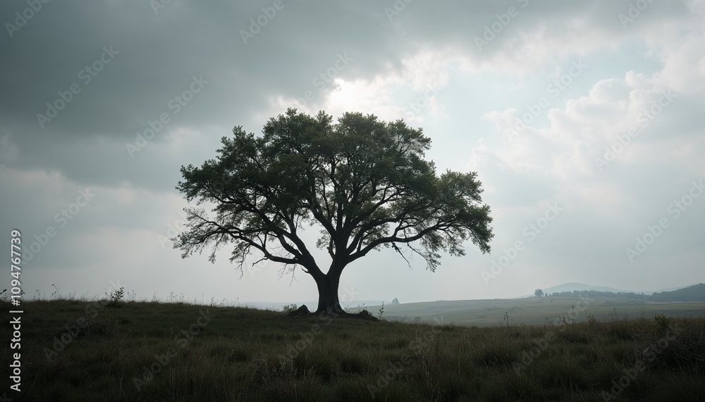 A solitary tree, melancholic mood, standing alone, on a vast meadow under cloudy sky A solitary tree, melancholic mood, standing alone, on a vast meadow under cloudy sky