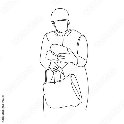 One continuous single drawing line art flat doodle old woman buys groceries, food, modesty, pension, crumbs, calculation. Isolated image hand draw contour on a white background, hand drawn, not AI