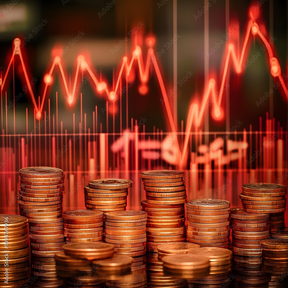 Copper coins stacked against a backdrop of a falling stock market graph.