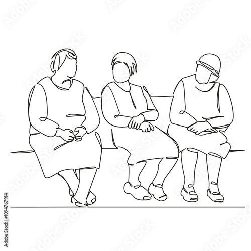 One continuous single drawing line art flat doodle three elderly ladies are sitting on a bench and talking. Isolated image hand draw contour on a white background, hand drawn, not AI