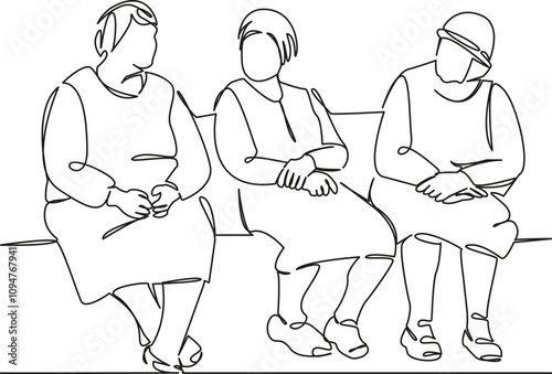 One continuous single drawing line art flat doodle three elderly ladies are sitting on a bench and talking. Isolated image hand draw contour on a white background, hand drawn, not AI