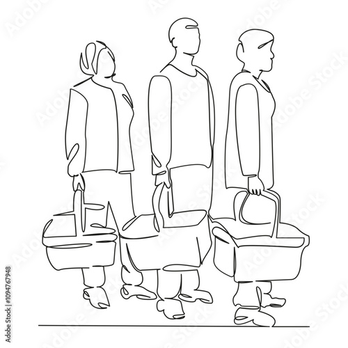One continuous single drawing line art flat doodle people stand in line with baskets in a supermarket. Isolated image hand draw contour on a white background, hand drawn, not AI