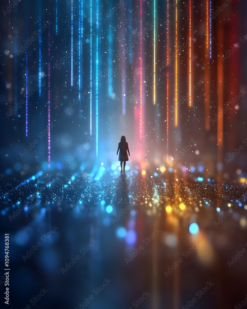 Solitary figure in a vibrant, illuminated digital landscape