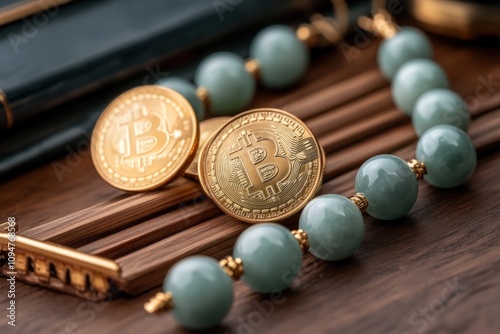 Gold Bitcoin Coins and Jade Ornament A Symbol of Prosperity and Cultural Heritage in Digital and Traditional Wealth This image showcases the juxtaposition of modern cryptocurrency and ancient Asian