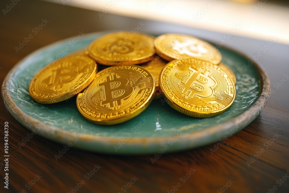 Luxurious Gold Bitcoin Coins Resting on an Elegant Jade Plate A Festive Display of Wealth, Prosperity, and Cultural Symbolism The image showcases a sophisticated arrangement, blending the shimmering Luxurious Gold Bitcoin Coins Resting on an Elegant Jade Plate A Festive Display of Wealth, Prosperity, and Cultural Symbolism The image showcases a sophisticated arrangement, blending the shimmering