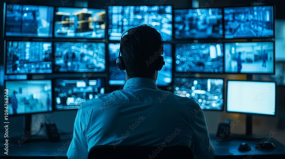 A security operator monitors multiple screens displaying citywide surveillance footage in a dimly lit control room, showcasing advanced urban monitoring technology and public safety management.