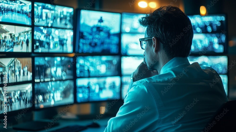 A security operator monitors multiple screens displaying citywide surveillance footage in a dimly lit control room, showcasing advanced urban monitoring technology and public safety management. A security operator monitors multiple screens displaying citywide surveillance footage in a dimly lit control room, showcasing advanced urban monitoring technology and public safety management.