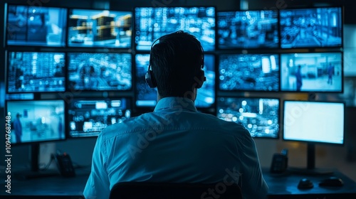 Obraz na płótnie A security operator monitors multiple screens displaying citywide surveillance footage in a dimly lit control room, showcasing advanced urban monitoring technology and public safety management. w salonie