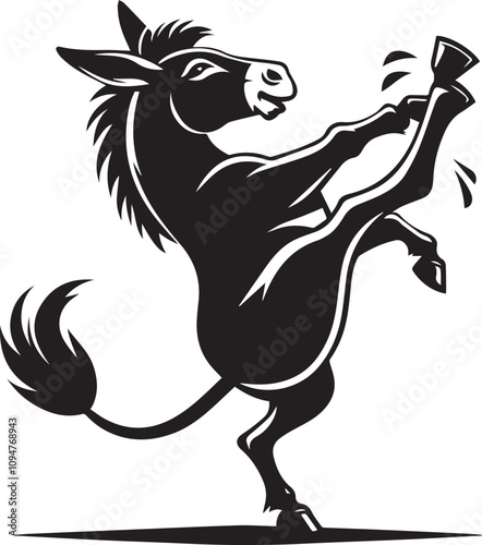 A playful donkey kicking its back legs in the air vector silhouette
