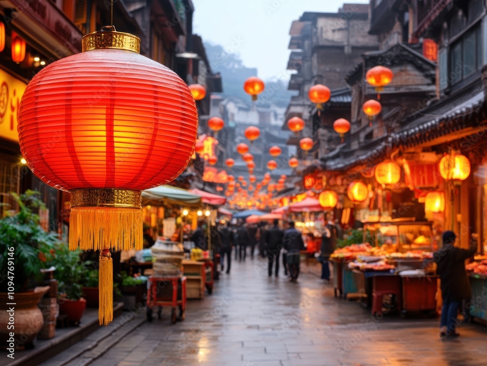 Vibrant Street Scene A Bustling Marketplace Overflowing with Cultural Performances, Delicious Food Stalls, and Festive Celebrations Reflecting Collective Wealth and Happiness A Vivid Tapestry of