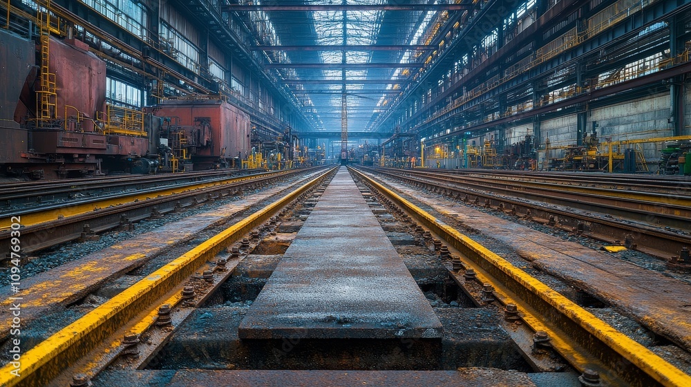 Industrial Railroad Tracks in a Large Factory Industrial Railroad Tracks in a Large Factory