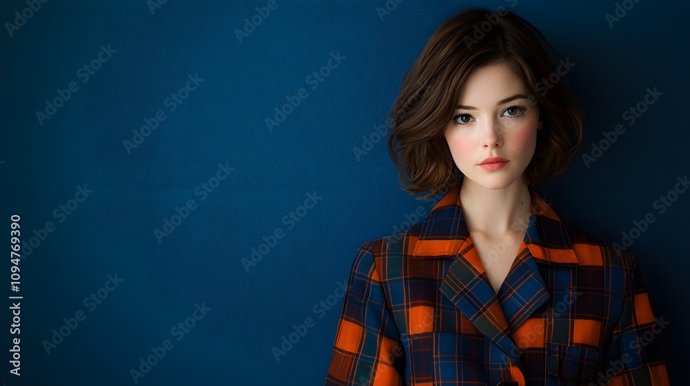 Young woman in stylish plaid blazer against a blue backdrop Young woman in stylish plaid blazer against a blue backdrop
