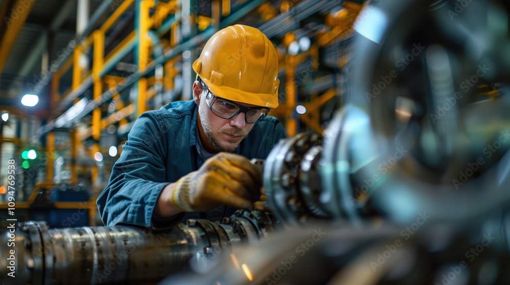 Focused Factory Worker Examines Incoming Materials with Precision and Care in a Busy Environment Focused Factory Worker Examines Incoming Materials with Precision and Care in a Busy Environment