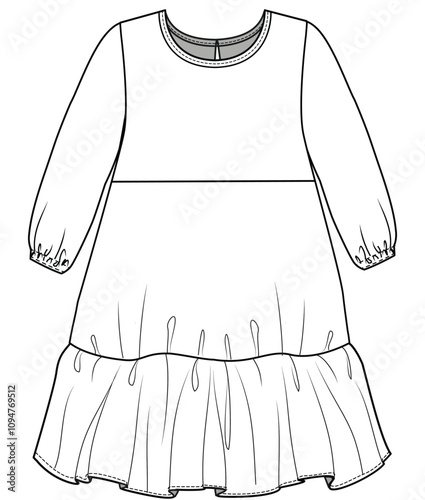 womens long sleeve knee length tiered dress flat sketch vector illustration technical cad drawing template 