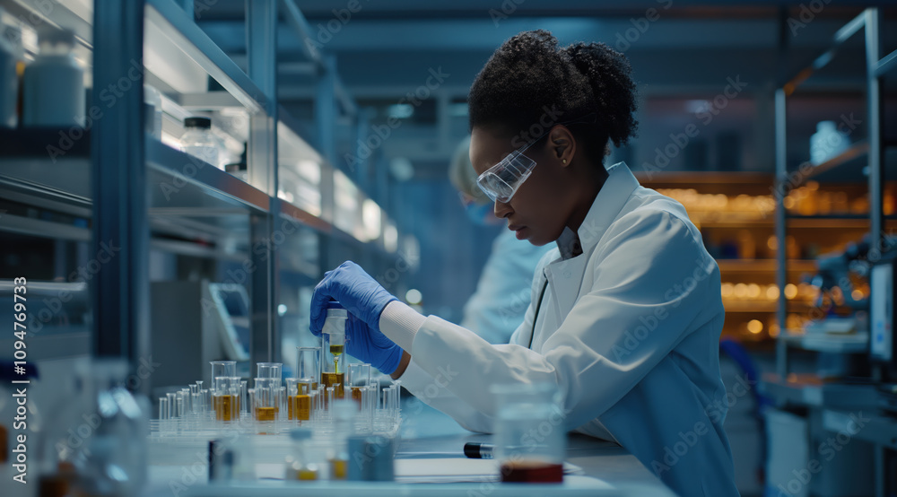 Medical bio laboratory, Research, Science test technology. Pharmaceutical lab specialist examines medicine vials, hospital patient samples. Medical student conducts research. Realistic style photo Medical bio laboratory, Research, Science test technology. Pharmaceutical lab specialist examines medicine vials, hospital patient samples. Medical student conducts research. Realistic style photo
