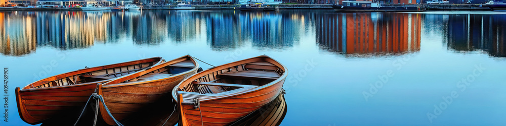 A serene waterfront scene with a row of traditional wooden boats resting peacefully at their moorings. A serene waterfront scene with a row of traditional wooden boats resting peacefully at their moorings.