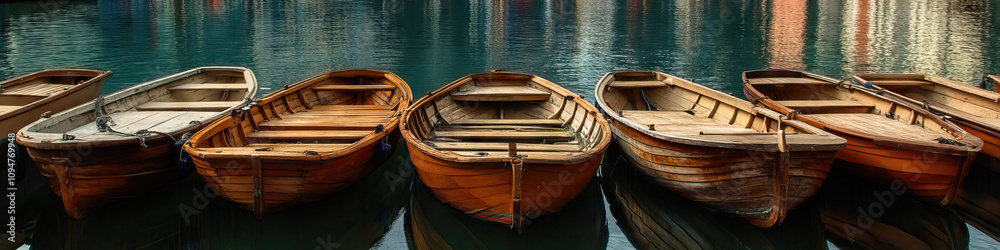 Obraz premium A serene waterfront scene with a row of traditional wooden boats resting peacefully at their moorings.