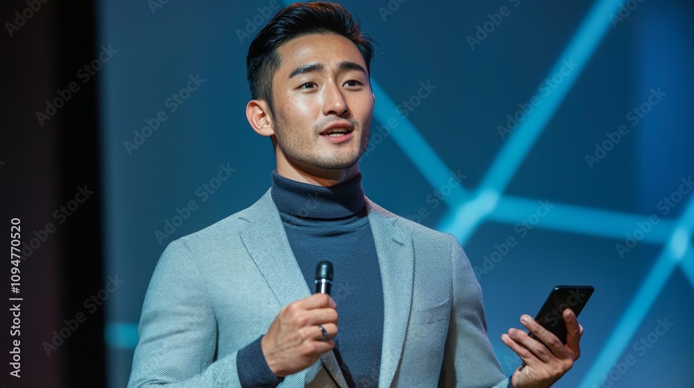 A confident Asian man in a stylish gray suit delivers a presentation on stage, illuminated by vibrant blue lighting. He gestures expressively while holding a microphone