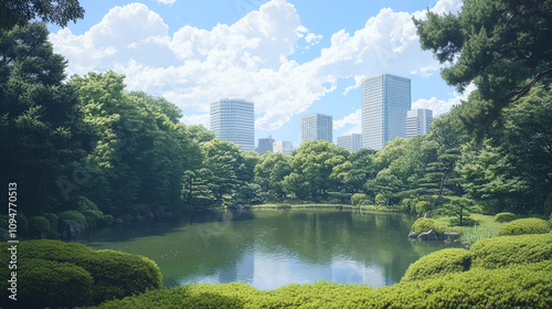 Serene Japanese Garden with City Skyline photo