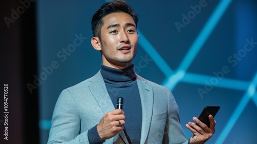 Obraz na płótnie A confident Asian man in a stylish gray suit delivers a presentation on stage, illuminated by vibrant blue lighting. He gestures expressively while holding a microphone w salonie