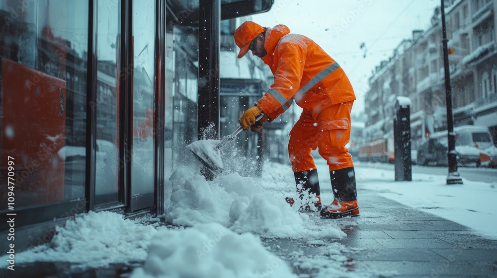 A worker in an orange snowsuit shovels snow from a city sidewalk during a winter snowfall. A worker in an orange snowsuit shovels snow from a city sidewalk during a winter snowfall.